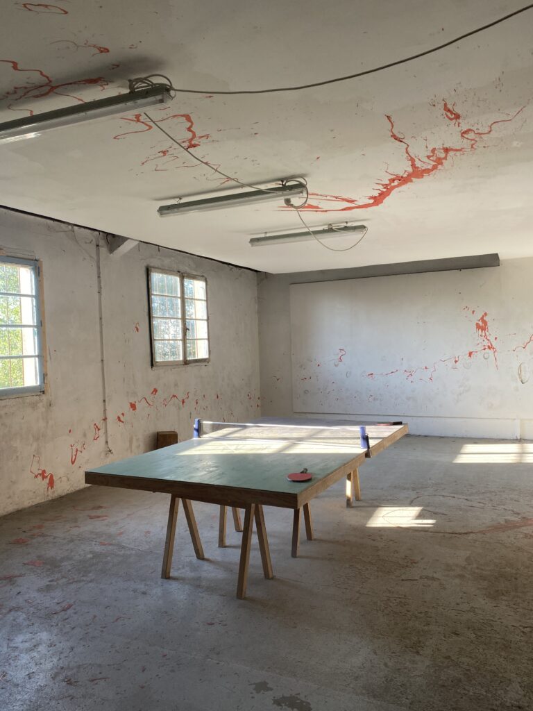 table de ping-pong dans une pièce ensoleillée, murs et sols en béton